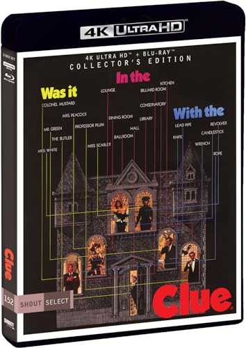 “Clue” 4K Ultra HD Blu-ray cover featuring a mansion floorplan and characters.