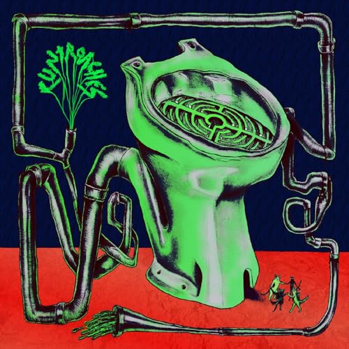 Green toilet-shaped structure with pipework, figures dancing below, and plant growth.