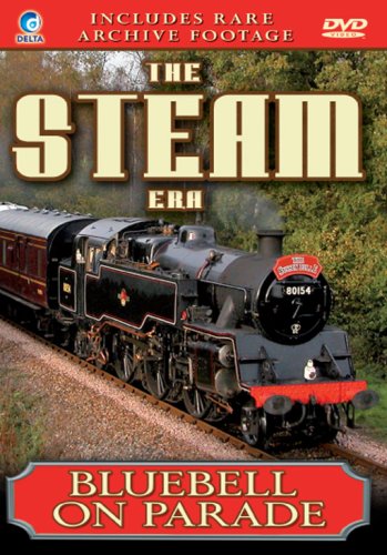 A black steam locomotive pulls a passenger train along tracks through a wooded area.