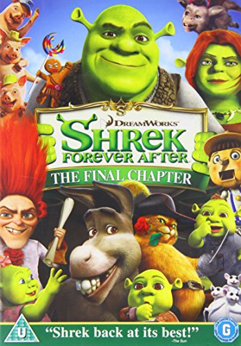 Shrek Forever After" DVD cover featuring Shrek and other characters.