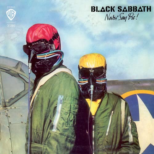 Black Sabbath album cover: two figures in flight helmets before an airplane.