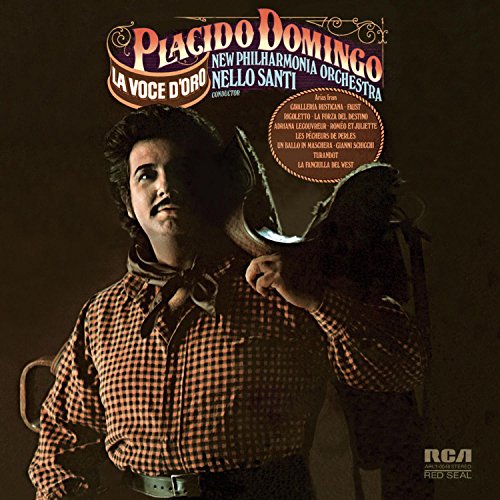 CD cover of Placido Domingo in a checkered shirt, holding a mask.