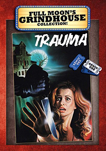 DVD cover for "Trauma" featuring a woman, a knife, and a haunted house.