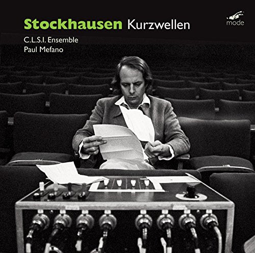 Black and white CD cover featuring a man with sheet music and audio equipment.