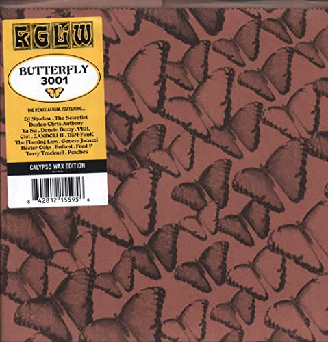 Vinyl record cover featuring brown butterflies and a yellow informational sticker.