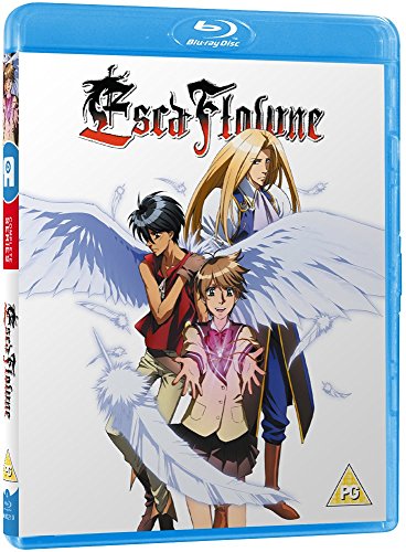 Escaflowne anime Blu-ray cover featuring three characters with white wings and falling feathers.