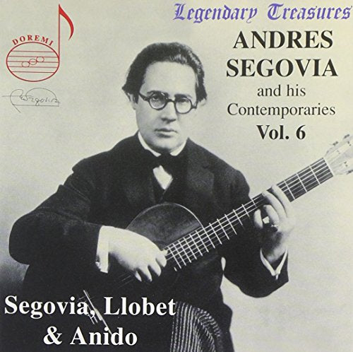 Black and white portrait of Andrés Segovia with a classical guitar.
