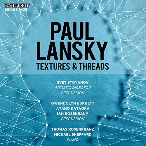 CD cover for "Lansky: Textures Threads" with geometric blue design.