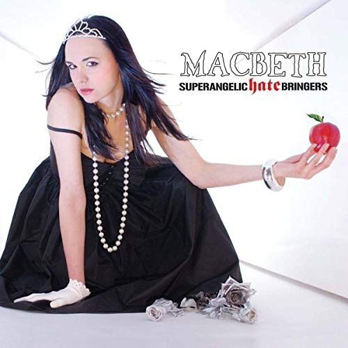 Woman in a black dress and tiara holding a red apple against white background.