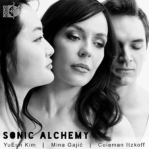Black and white portrait of three musicians, album cover for "Sonic Alchemy.