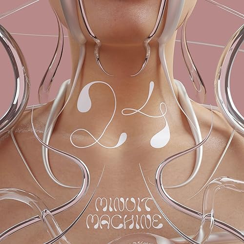 Close-up of a human neck surrounded by abstract metallic liquid shapes on pink background.
