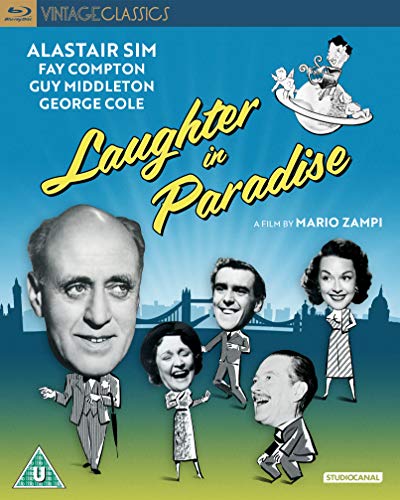 Laughter in Paradise" Blu-ray cover with cartoon character heads and London skyline.