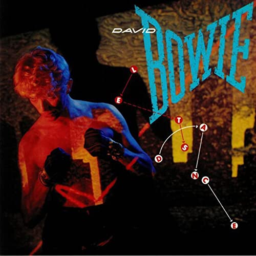 David Bowie “Let’s Dance” vinyl album cover with a red and black portrait.