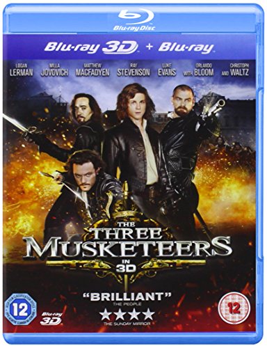 Blu-ray cover for "The Three Musketeers" featuring four actors in action.