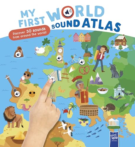 A child's hand points to an accordion icon on a colorful illustrated world map.