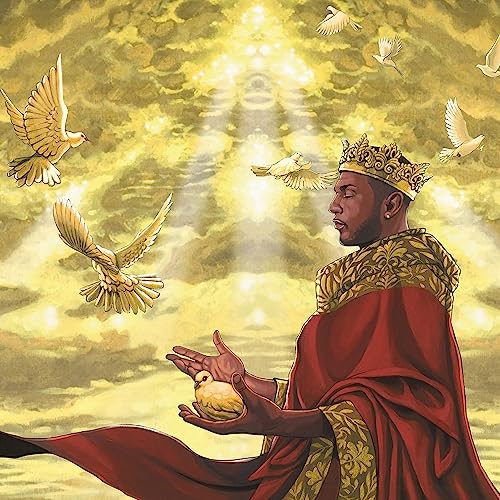 A man wearing a crown and red robe holds a dove amidst flying doves.