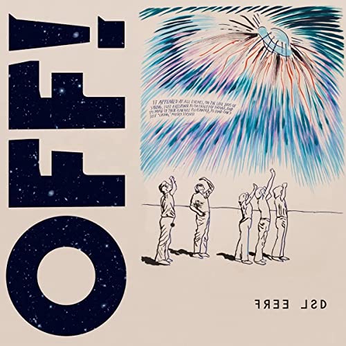 Album cover showing large space-themed text, people looking at a UFO, and small text.