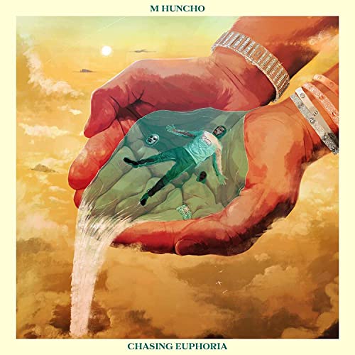 Album cover: man floating in water held in large hands, cloudy sky.
