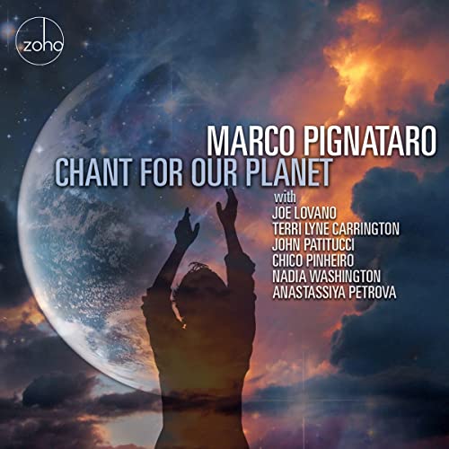 CD cover: Earth backdrop, silhouetted figure reaching towards the sky.