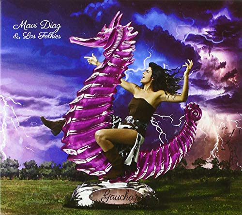 CD cover: woman riding a purple, serpentine dragon against stormy skies.