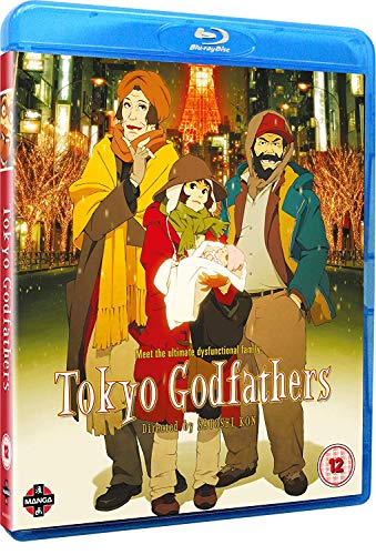 Blu-ray cover for “Tokyo Godfathers” featuring three figures and a baby.