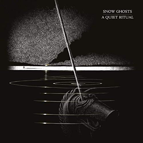 Black and white album cover with swirling lines and a figure by water.