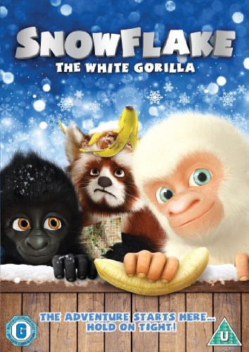 DVD cover for "Snowflake," featuring three cartoon gorillas and a red panda.