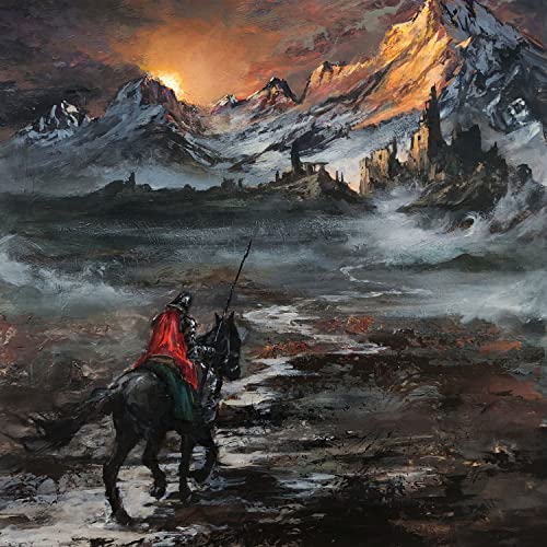 A knight in red cloak on horseback approaches a ruined castle beneath snowy mountains.