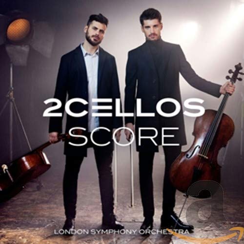 Two men with cellos on a dark background, album cover art.