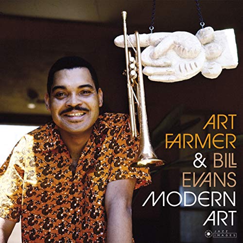 Art Farmer with trumpet, album cover for “Modern Art” by Farmer & Evans.
