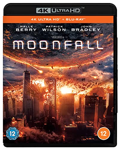 Moonfall" Blu-ray cover: city destruction with a fragmenting moon above.