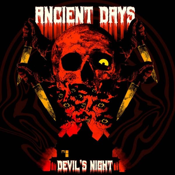 Red and black album cover featuring a skull, knives, and multiple eyes.