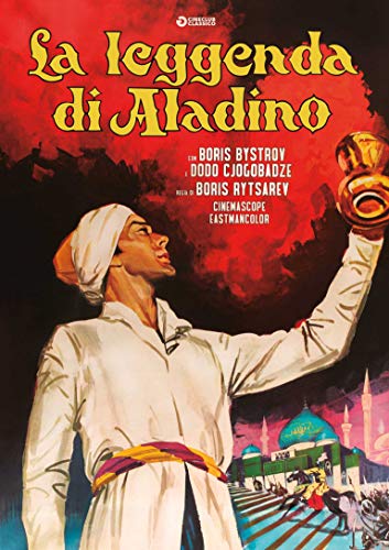 Vintage movie poster for "Leggenda Di Aladino" featuring a man with a lamp.