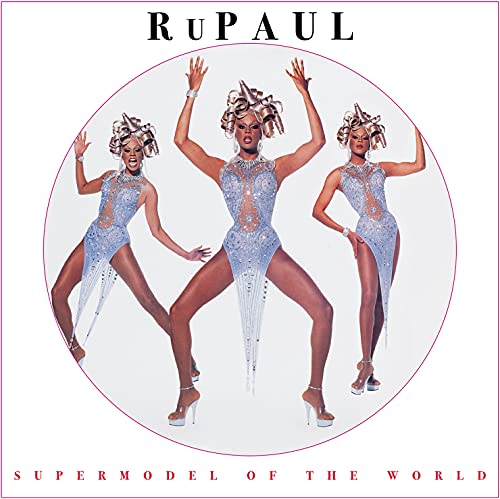 RuPaul in triplicate, posing in shimmering blue outfits, album cover.