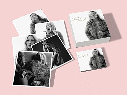 Black and white photos of Ellie Goulding with album packaging.