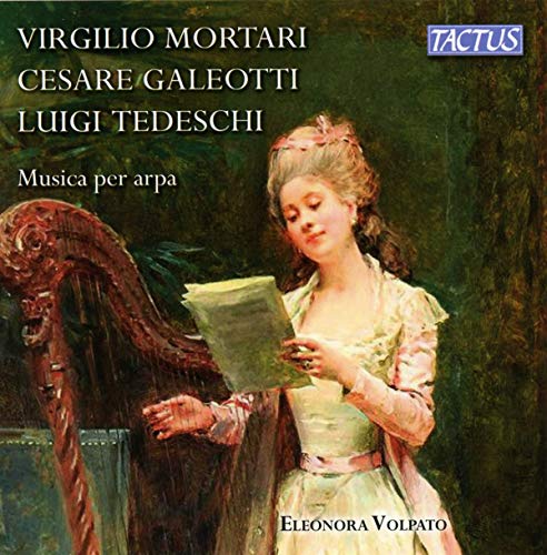 CD cover: woman with harp and sheet music, classical art style.