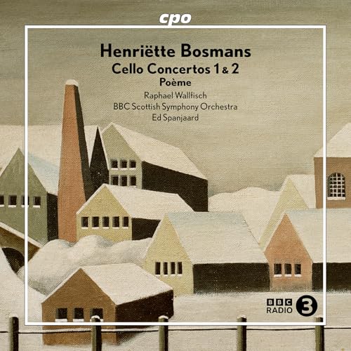 CD cover for Bosmans cello concertos with a winter village scene.