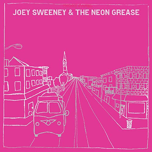 Pink album cover with white line drawing of a town and van.