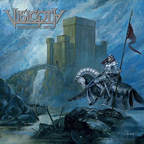 Visigoth album cover: armored knight on horseback before a castle.