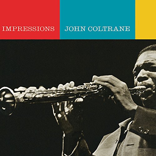 John Coltrane playing the saxophone against a background of red, blue, and yellow blocks.