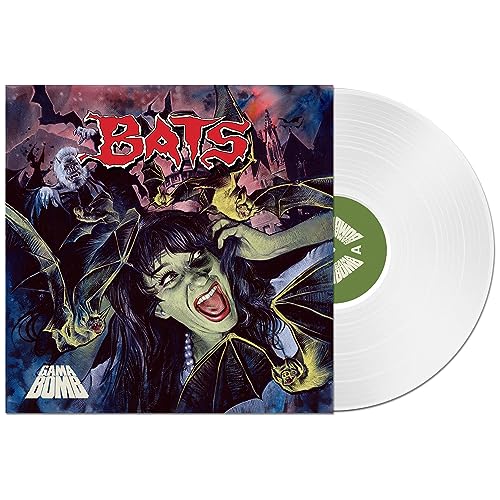 “BATS” vinyl record cover with a screaming woman and bats, white disc beside.