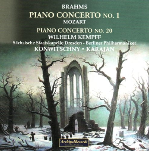 CD cover: Brahms & Mozart piano concertos, wintry forest scene.