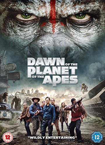 DVD cover for "Dawn of the Planet of the Apes" featuring apes and humans.