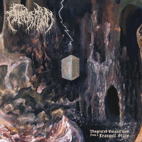 Dark, textured album cover with illegible text and a central white cube.