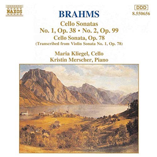 CD cover for Brahms cello sonatas featuring a mountain landscape.