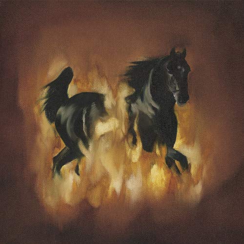 Painted album cover featuring two dark horses against a fiery orange background.