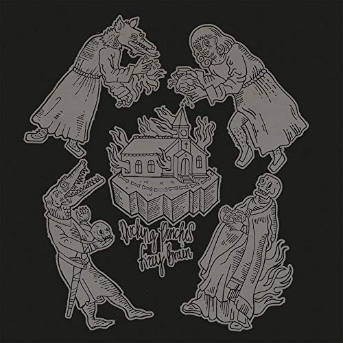 Black and white CD cover with sketched figures around a burning church.