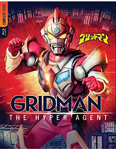 Blu-ray cover featuring the red and silver robot hero, Gridman, in action.