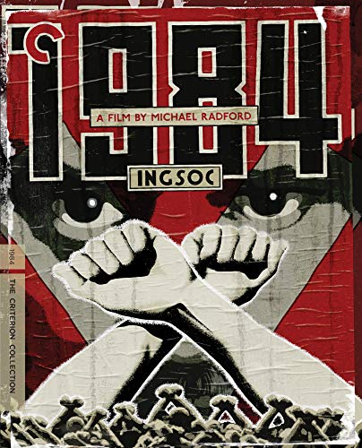1984 Blu-ray cover with distressed imagery of a fist and watchful eyes.