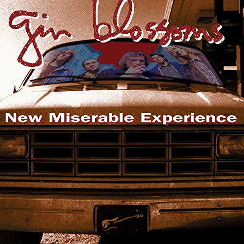 Gin Blossoms' "New Miserable Experience" vinyl album cover with a car and band photo.